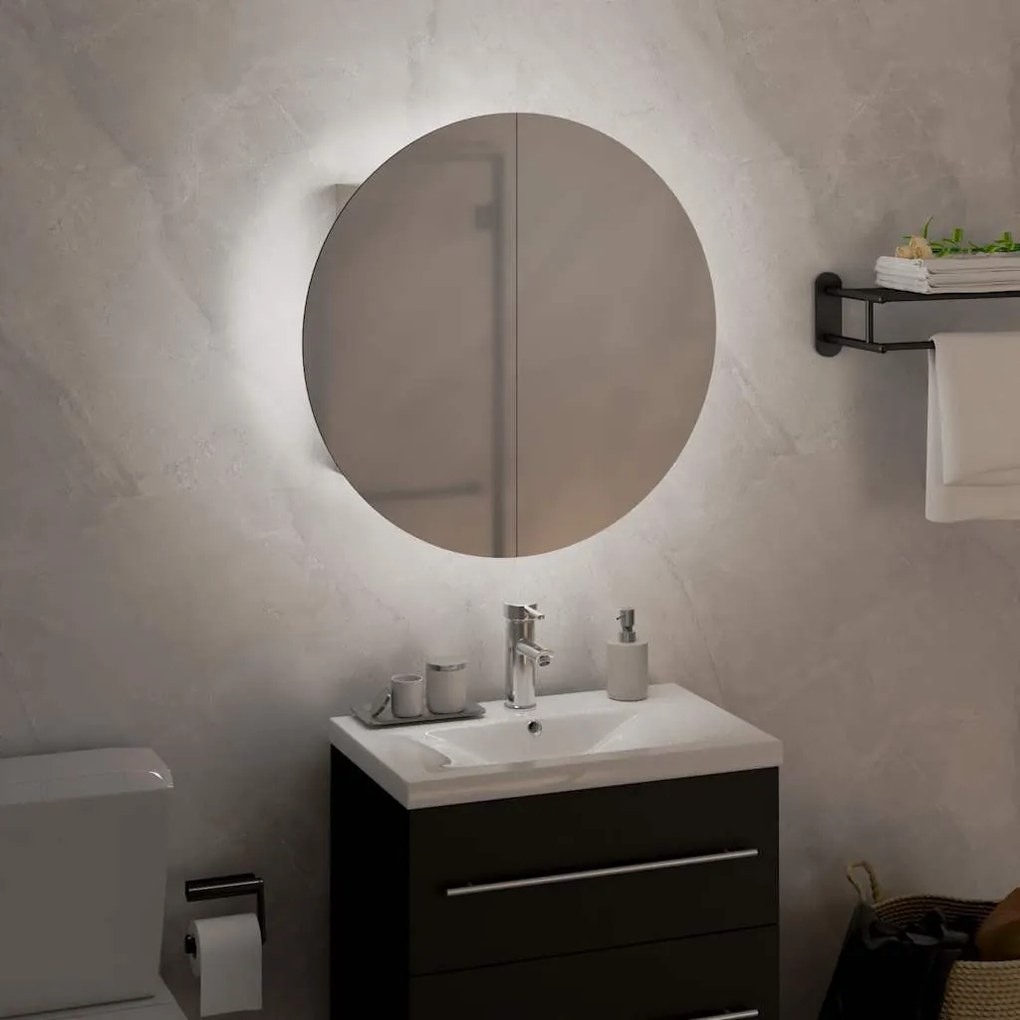 fehér fürdőszobai szekrény kerek tükörrel/LED-del 40x40x17,5 cm