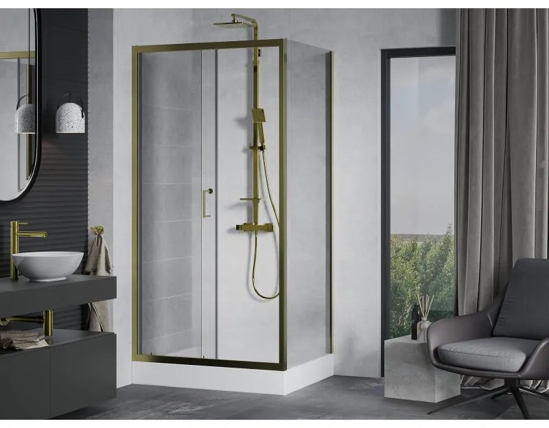 Mexen Apia zuhanykabin tolóajtóval 120 (ajtó) x 90 (fal) cm, 5mm átlátszó üveg, arany profil + fehér zuhanytálca RIO, 840-120-090-50-00-4510