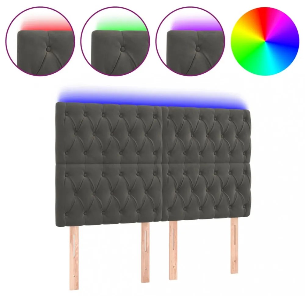 sötétszürke bársony LED-es fejtámla 144x7x118/128 cm