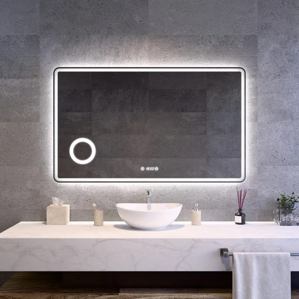 Fürdőszobai LED tükör 120x75cm | Páramentesítő - Kozmetikai tükör - Fényerő + színhőfok állítás - Digitális óra | Welland Luxury-Line G1094