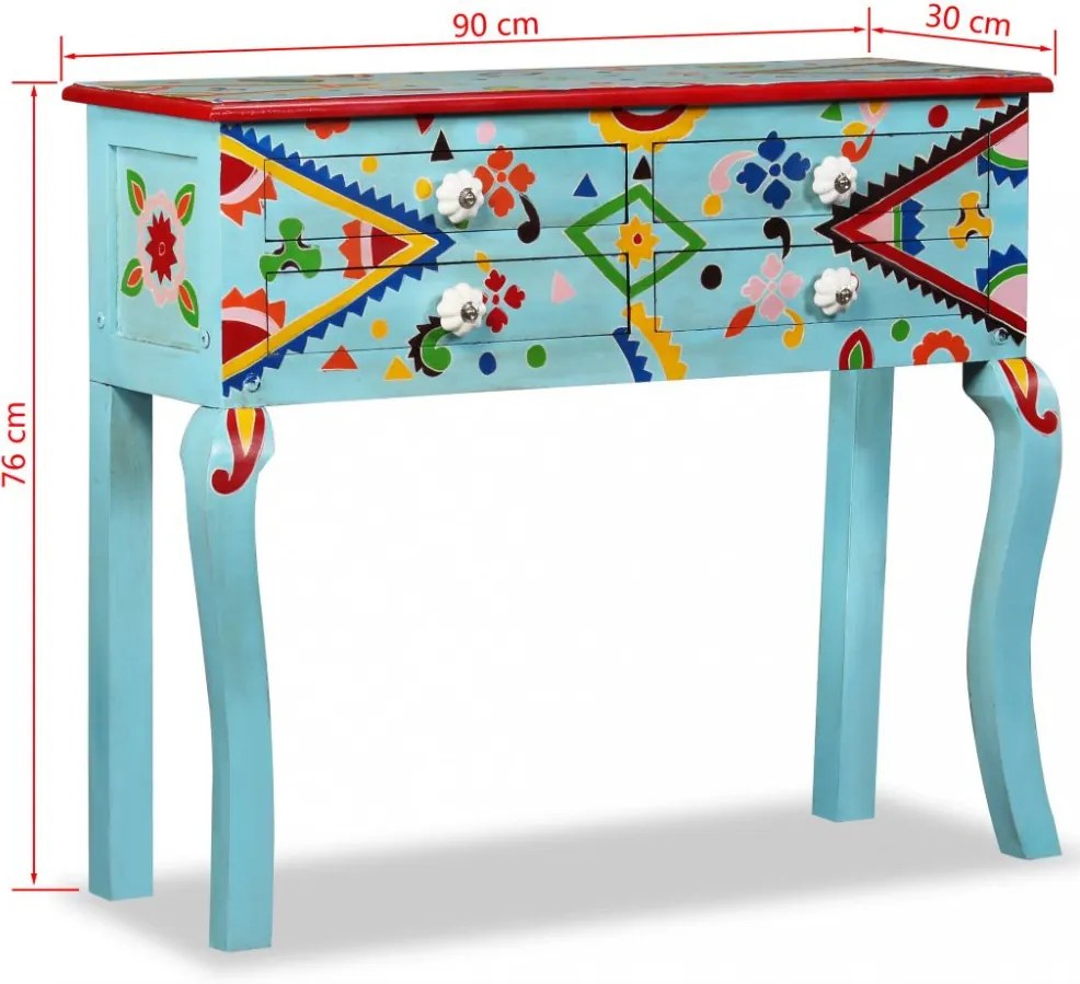 kézzel festett kék, tömör mangófa konzolasztal