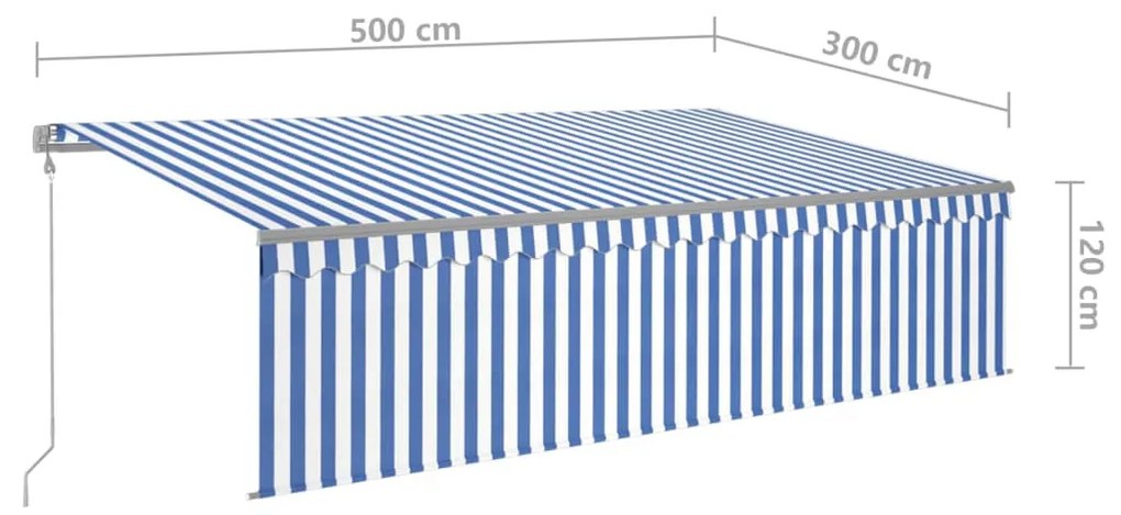 kék és fehér redőnyös, szélérzékelős, LED-es napellenző 5x3 m
