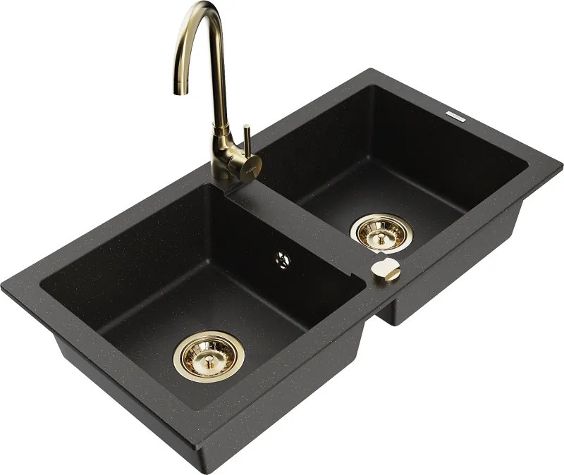 Mexen Mario 2 rekeszes gránit mosogató Telma konyhai csappal, fekete/arany - 6504-75-670200-50