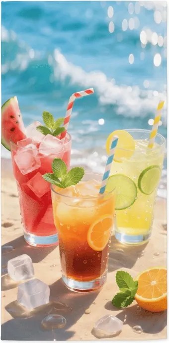 Gyorsan száradó XL strand fürdőlepedő COLD DRINKS színes 100 x 180 cm, 100% mikroszál