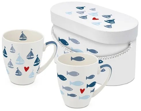 Nyári fehér hal és vitrolás hajó mintás porcelán bögre szett Seaside