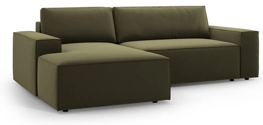 Zöld bársony kinyitható-tárolóhelyes sarokkanapé (bal oldali-heverő résszel) Jodie – Micadoni