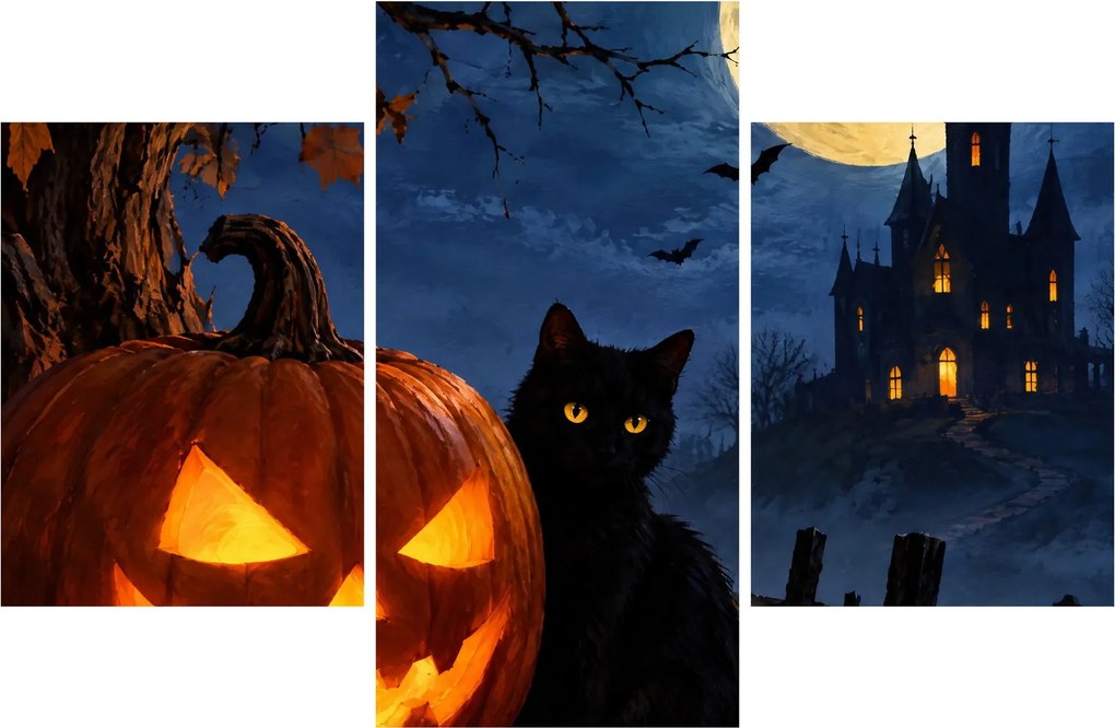 Kép - Fekete macska egy világító halloweeni tök mellett (90x60 cm)