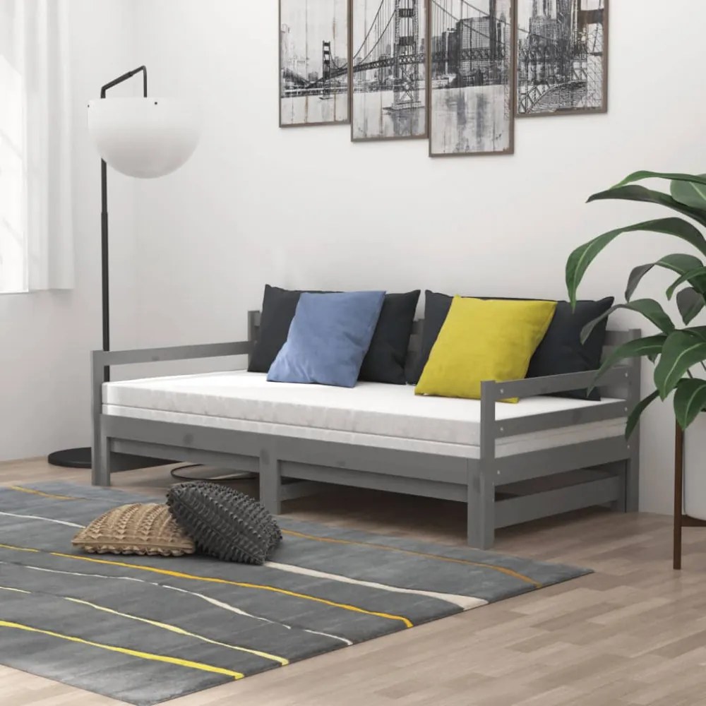 szürke tömör fenyőfa kihúzható kanapéágy 2 x (90 x 200) cm