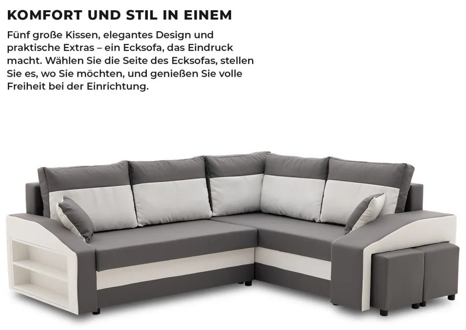 Grande sarokkanapé polcokkal és puffokkal , polc a bal karfaban puffok a jobb karfaban, jobboldali, szövet anyag, hab töltet, szürke - fehér