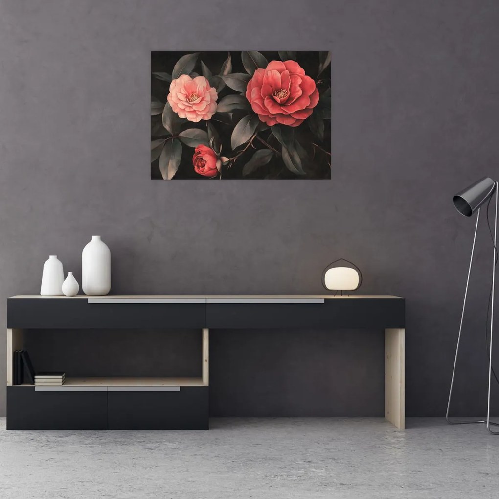 Üveg kép - Vörös virágok sötét háttér előtt (70x50 cm)