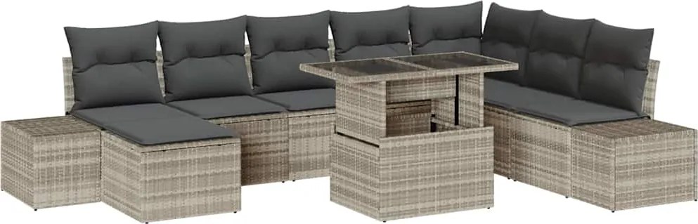 vidaXL Kerti Kanapé Szett tárolóval 9 pcs Világosszürke Poli rattan