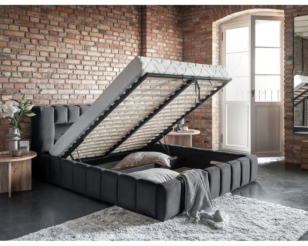 Szürke kárpitozott ágyneműtartós franciaágy ágyráccsal 180x200 cm Lamica – ELTAP