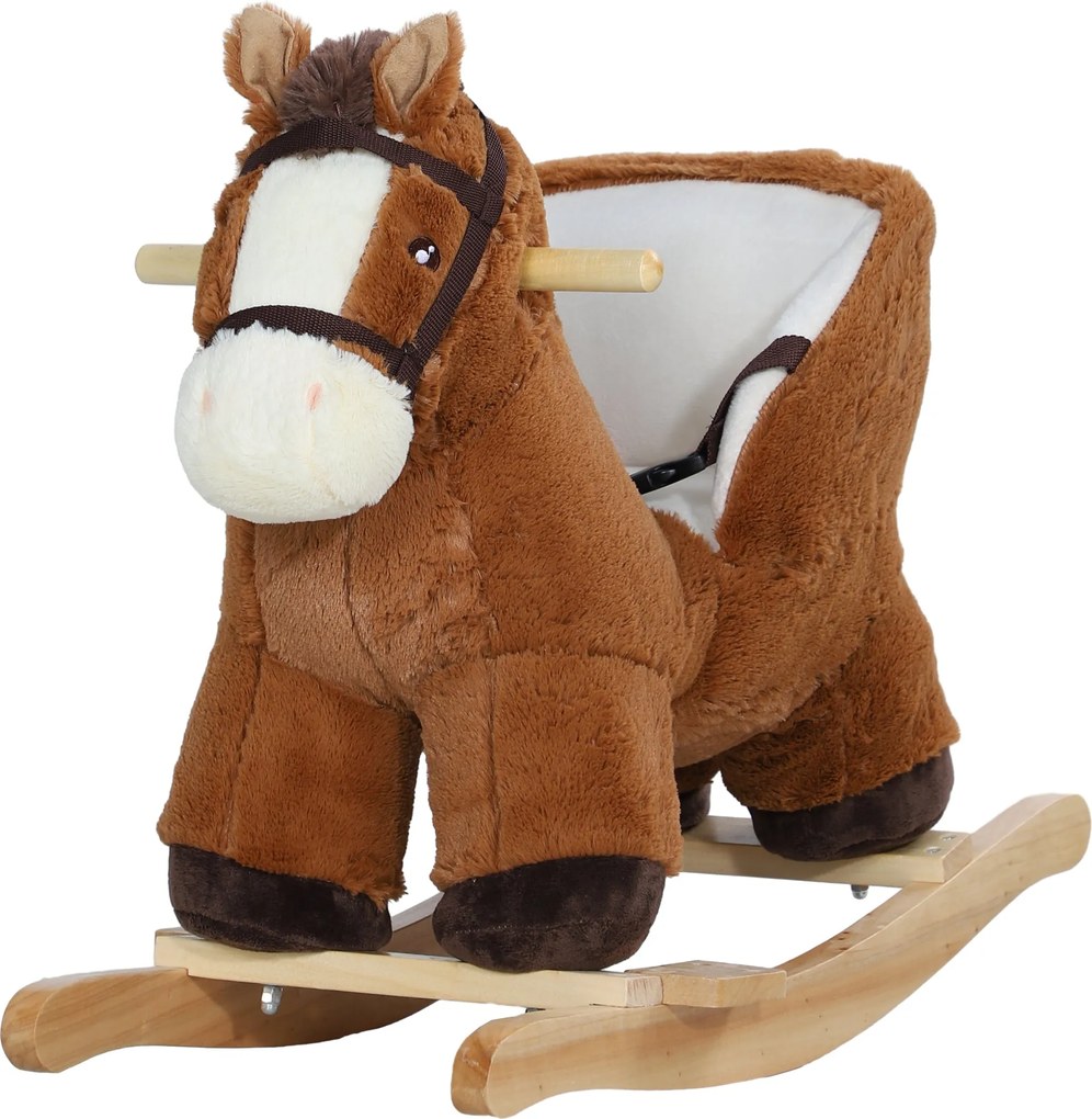 AIYAPLAY Hintázó Ló Kisgyermekeknek 18-36 Hónap Toy Ló Hangjatekkal, Biztonsági Övvel és Fa Alappal 25 kg Teherbírás, 68x33x45 cm Barna | Aosom