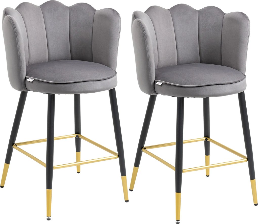 HOMCOM 2 db Bárszék Velúr Kárpitozással és Acél Alappal, 59x52x90cm, Sötétszürke | Aosom
