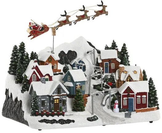 Karácsonyi falu zenélő világító életkép télapó szánnal 38X26,5X29 cm