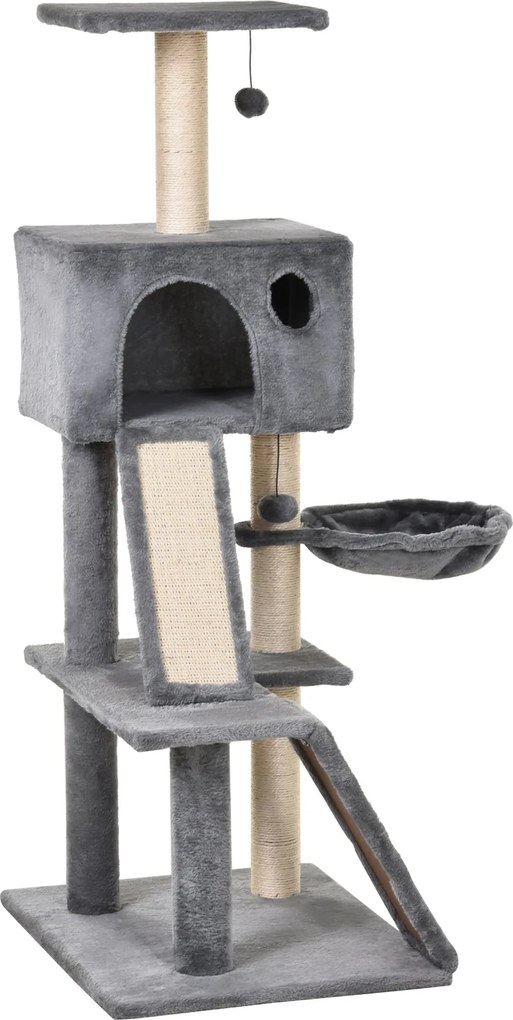 PawHut Kaparófa Kényelmes Buborékot, Függőágyat és 2 Plüss Platformot Tartalmaz Szürke és Zsineg 60x49x130cm | Aosom