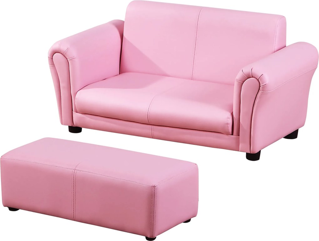 HOMCOM Gyerek Kanapé Puffal, Gyerekeknek Szánt Kanapé, Rózsaszín 83 x 42 x 41 cm | Aosom