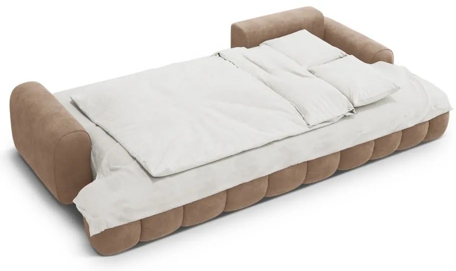 Világosbarna bársony kinyitható-tárolóhelyes sarokkanapé (jobb oldali-heverő résszel) Linz – Cosmopolitan Design