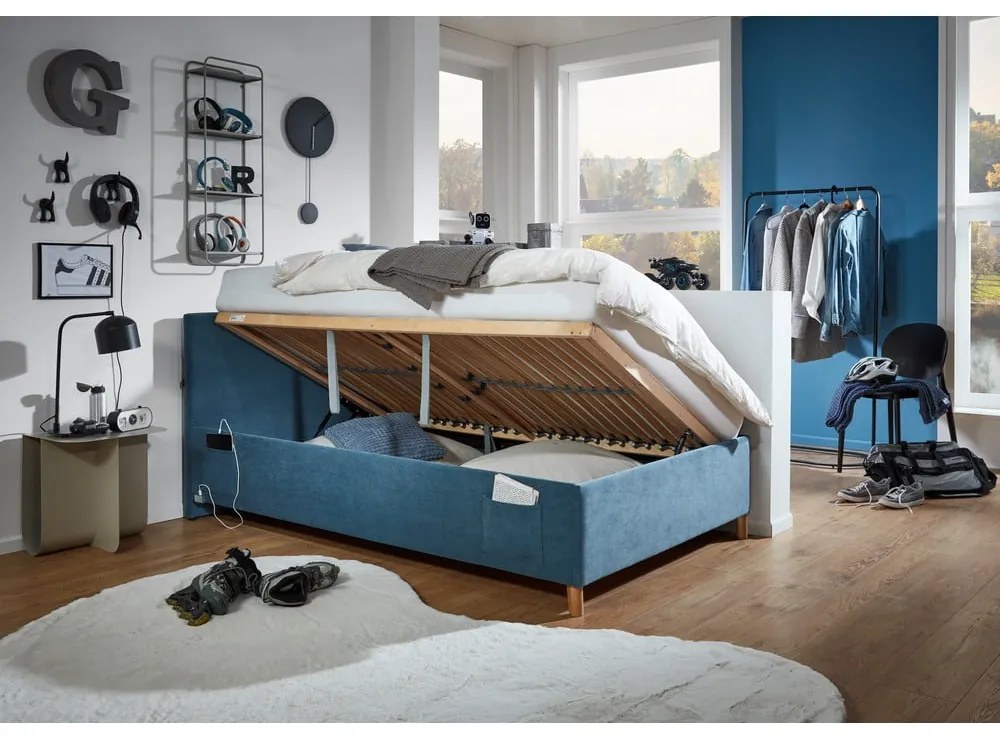 Kék kárpitozott ágyneműtartós gyerekágy ágyráccsal 120x200 cm Cool – Meise Möbel