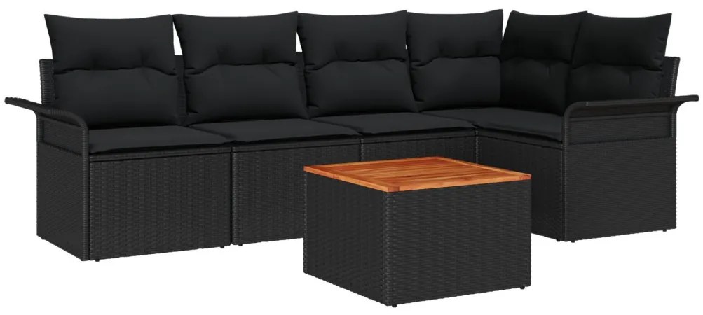 6 Darabos Kerti Sofa Szett Párnákkal Fekete Poli Rattan Akácia