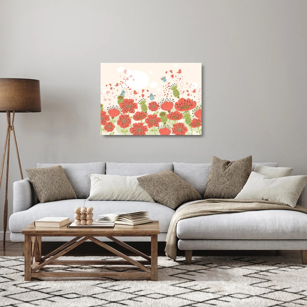 Kép - Madarak egy virágzó réten (üvegen) (70x50 cm)