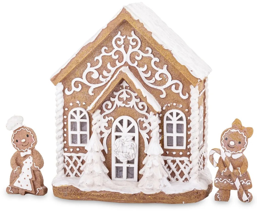LED-es karácsonyi mécsestartó mézeskalács barna házikó fenyőfával havas tetővel mézeskalács figurákkal asztali dekoráció 23x19x12cm