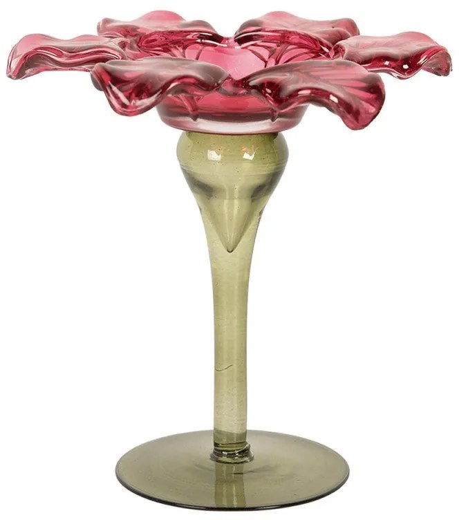 Üveg mécsestartó virágkehely alakú 14x14 cm zöld rózsaszín