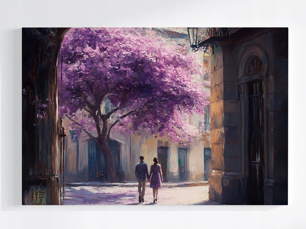 Poszter Akvarell Város Lila Fa Pár Séta 120x80