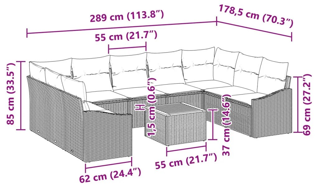 10 Darabos Kerti Kanapé Szett Párnákkal, Fekete Poli Rattan és Akácfa