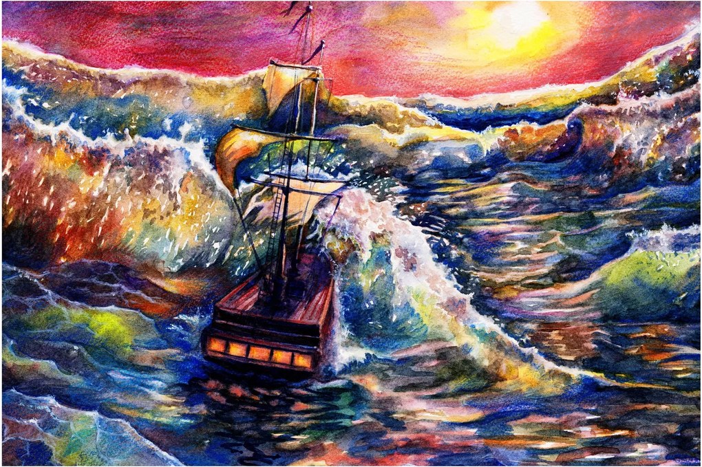 Kép - Hajó az óceán hullámain, aquarel (90x60 cm)