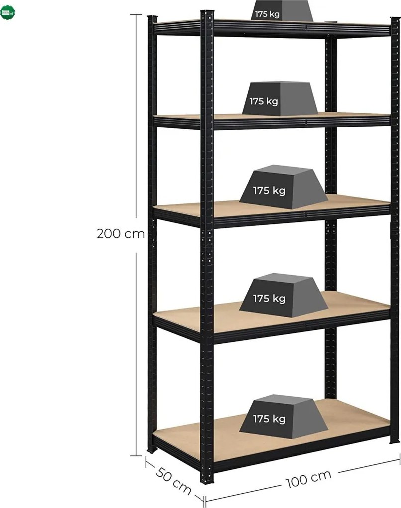 Polcos állvány, 120kg polconkénti teherbírással, fekete 200x100x50cm