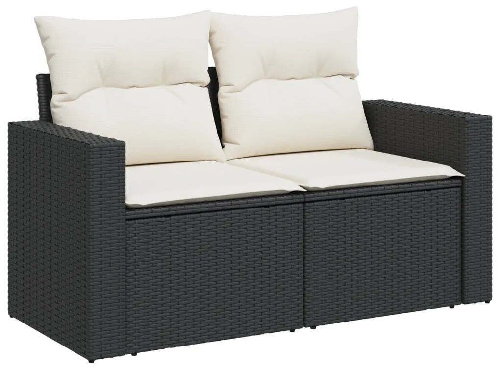 9 darabos kert sofa készlet párnákkal fekete poly rattan akácia, 3 darabos kert étkező készlet párnákkal fekete poly rattan akácia
