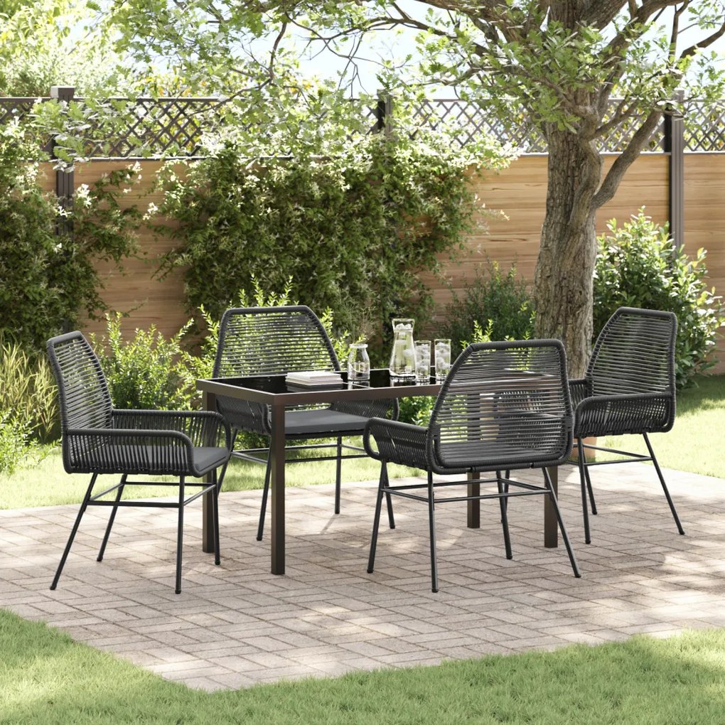 5 darabos kerti étkező szett párnákkal, fekete poly rattan