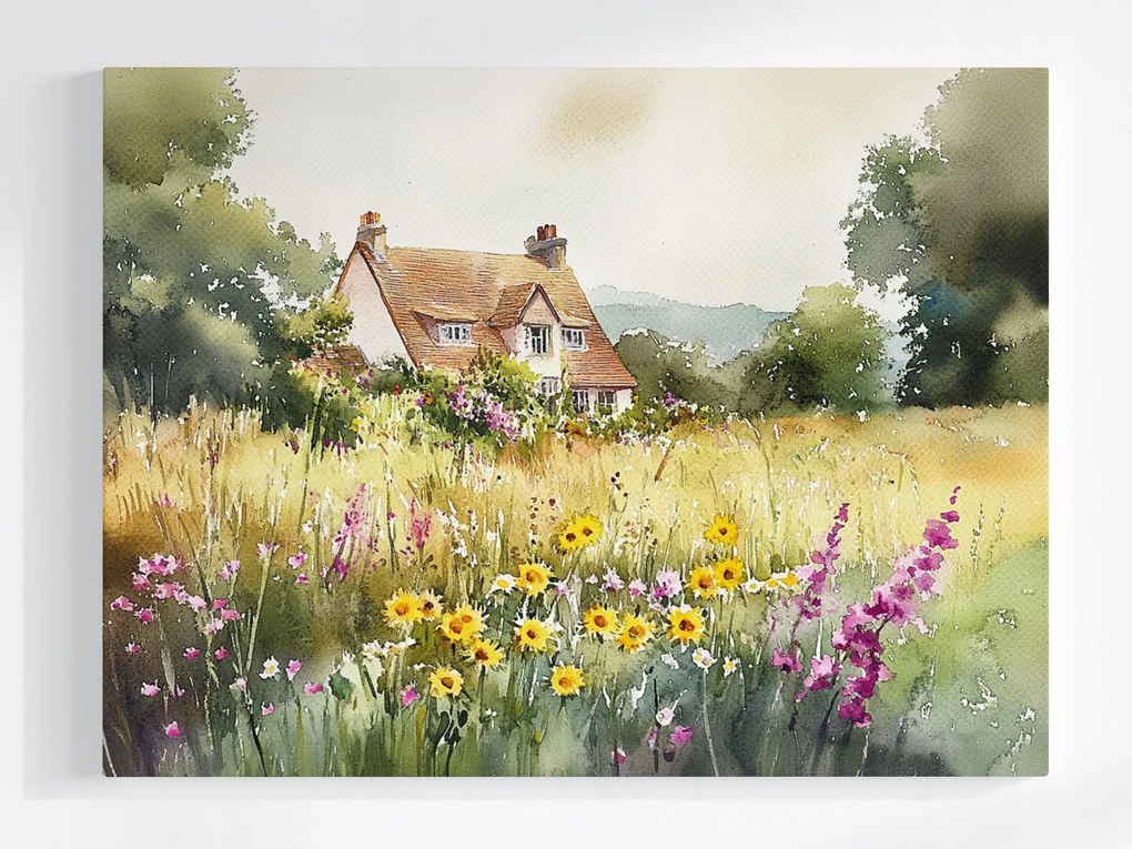 Vászonkép Canvas Tájkép Falu Ház Rét Virágok Természet 100x75