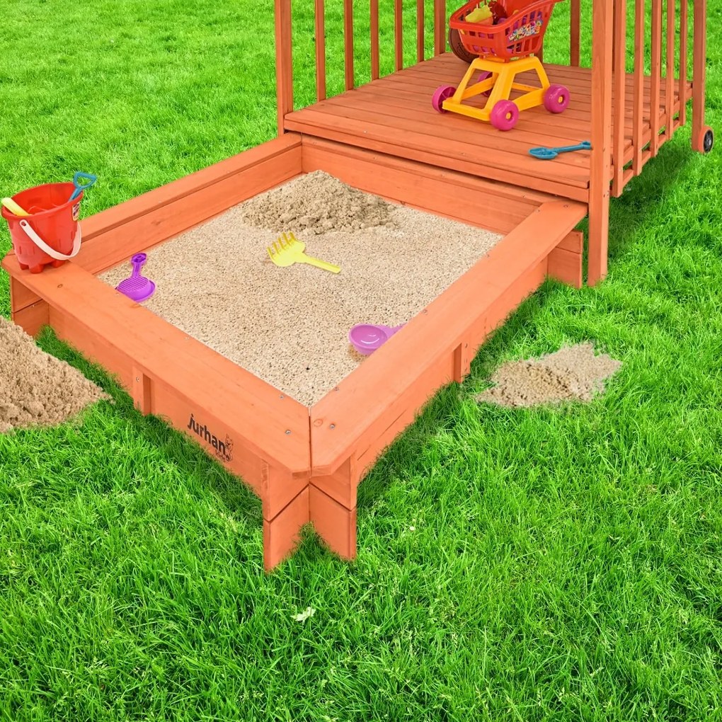 HAPPY verandás homokozó, 130x130x143cm, barna/kék Jurhan