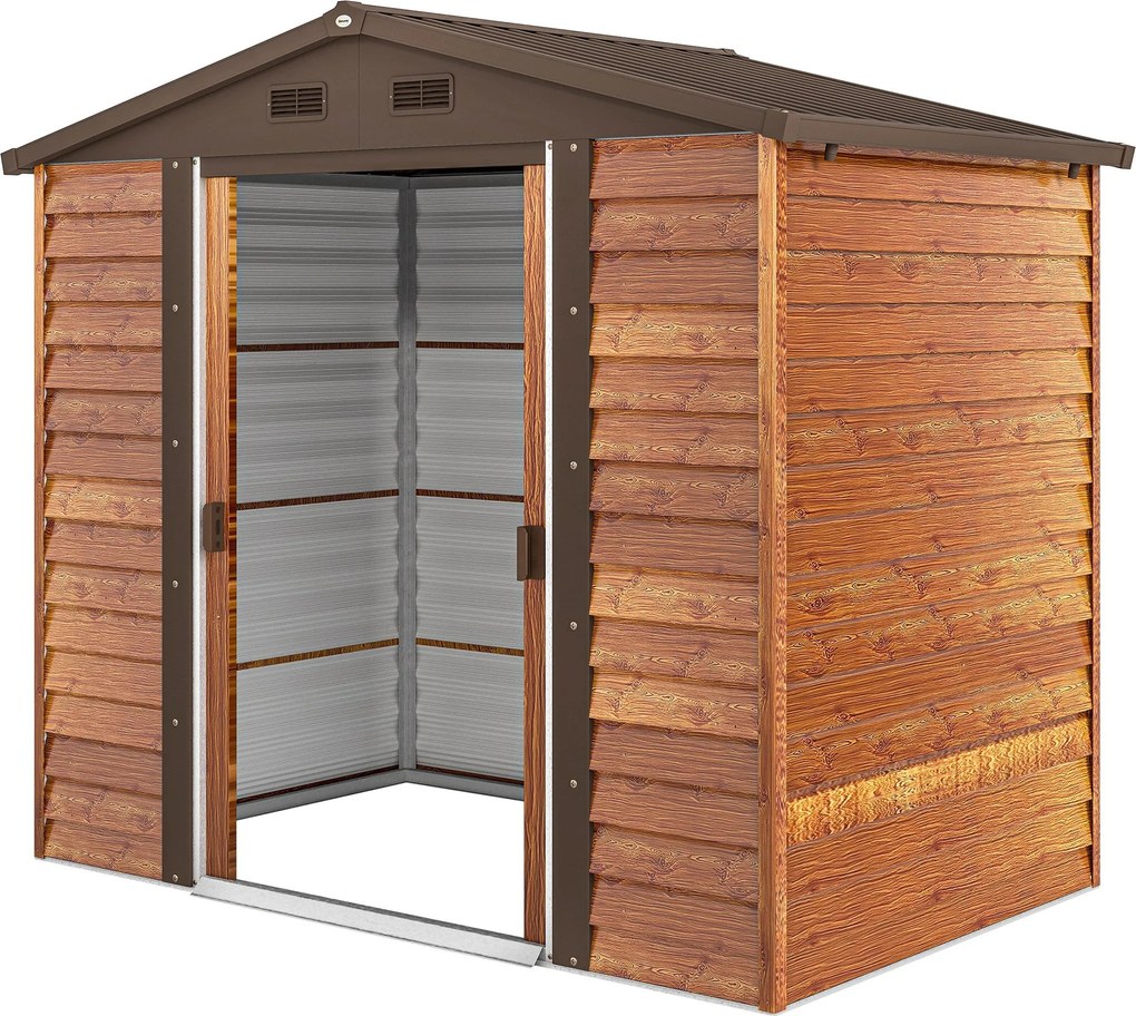 Outsunny Fém Kertészeti Tároló Ház Fa Hatással 3 m² 152 x 235,7 x 208,7 cm Garázs Ferde Tető Ablakkal Kétoldali Csúszó Ajtókkal Időjárásálló Kerti Ház