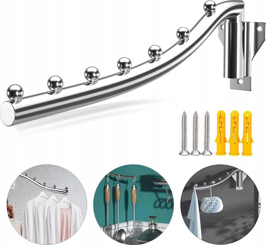 Összecsukható Ruhaakasztó, Falra Szerelhető, 7 Akasztóval, 180°-BAN Elforgatható