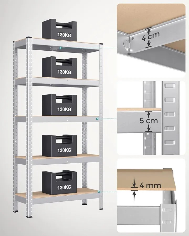 5 szintes polcrendszer, acél polcrendszer tároláshoz, csavarmentes összeszerelés, teherbírás 650 kg, 30 x 75 x 150 cm, ezüst