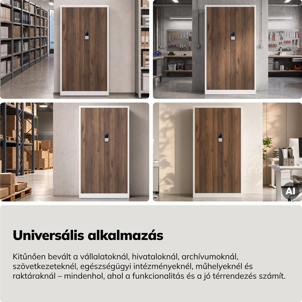 Fém irodai szekrény kódzárral, fehér, dió, 900x1850x400 mm: DANIEL Eco Design