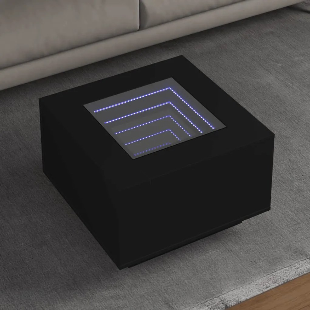 Fekete szerelt fa dohányzóasztal LED-lámpákkal 60 x 60 x 40 cm