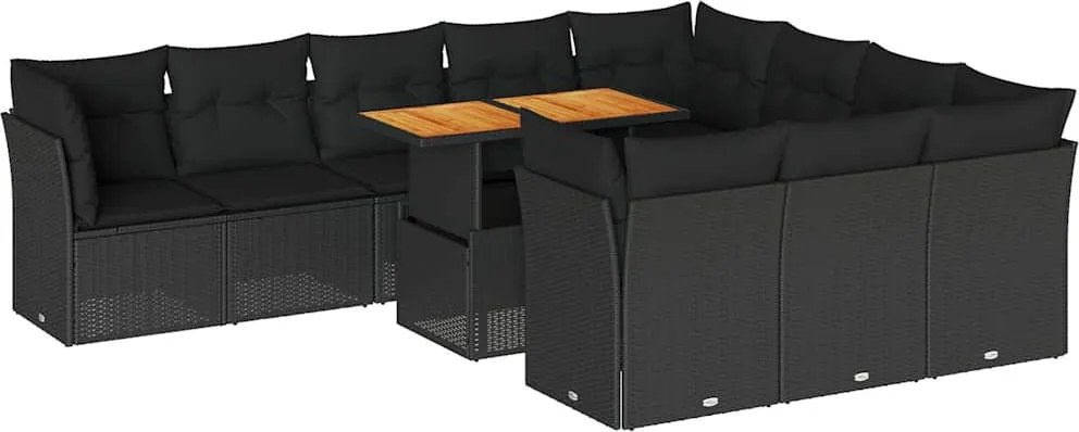 vidaXL 11 részes fekete polyrattan kerti ülőgarnitúra párnákkal