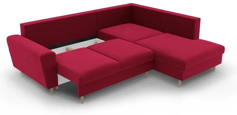Piros bársony kinyitható tárolóhelyes sarokkanapé (jobb oldali-L alakú) Kyoto – Cosmopolitan Design