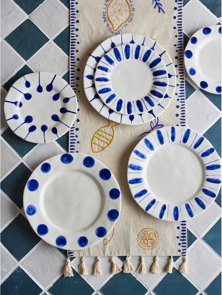 Fehér-kék desszertes kőedény tányér készlet 3 db-os ø 22 cm Linora – Bloomingville