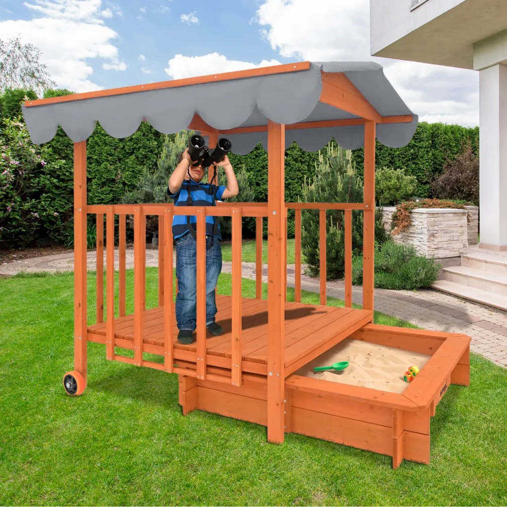 HAPPY homokozó verandával, tömör borókafenyőből 130 x 130 x 143 cm barna szürke Jurhan