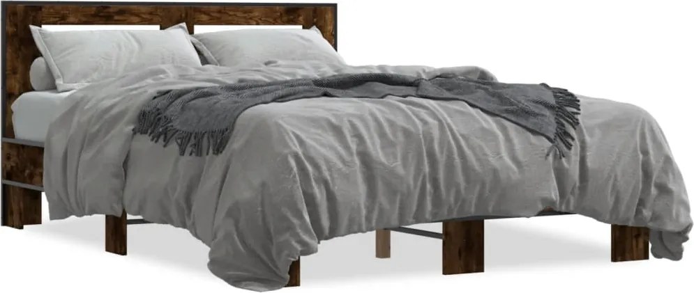 vidaXL füstös tölgy színű szerelt fa és fém ágykeret 135 x 190 cm