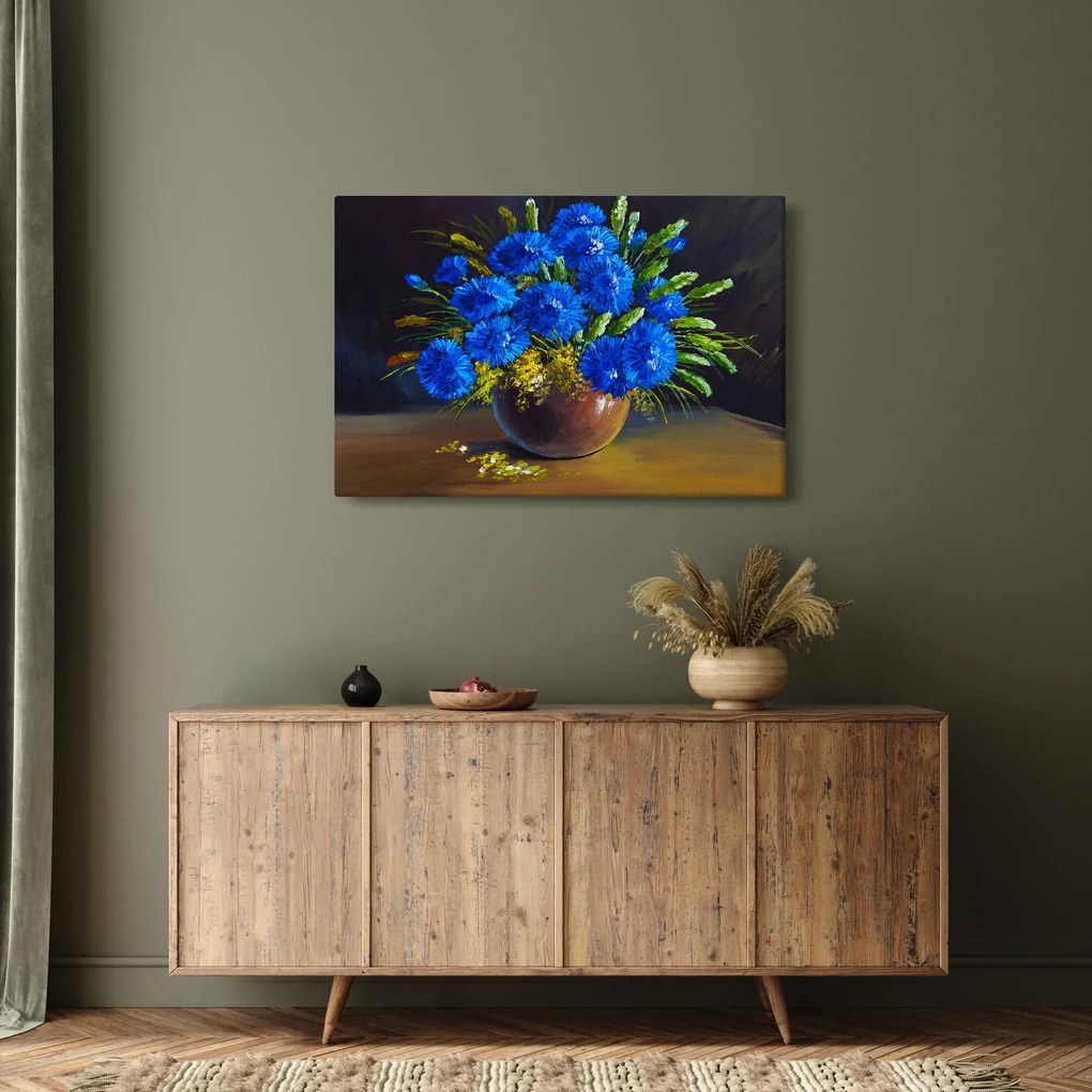 Kék virágok képe egy vázában (90x60 cm)