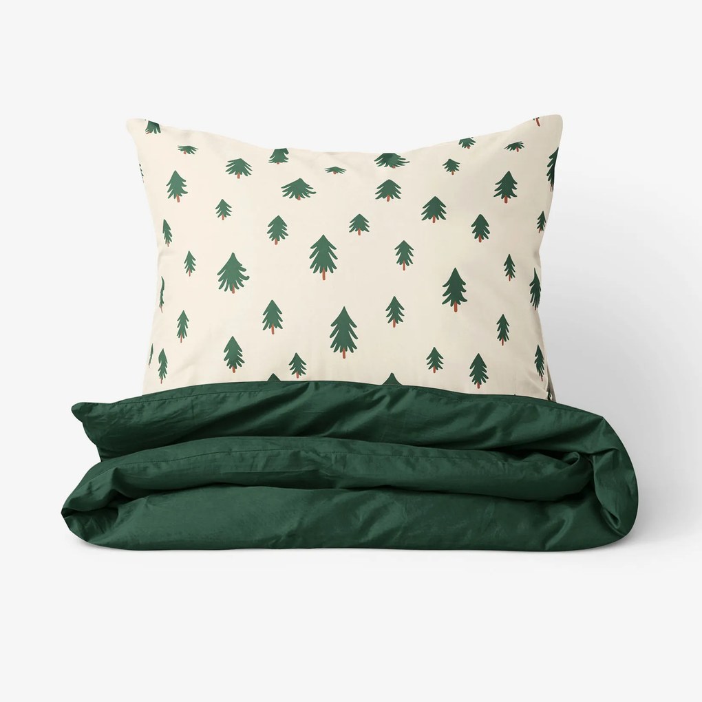 Goldea pamut ágyneműhuzat duo - fenyőfák natúr alapon, sötétzöld hátoldal 140 x 200 és 70 x 90 cm