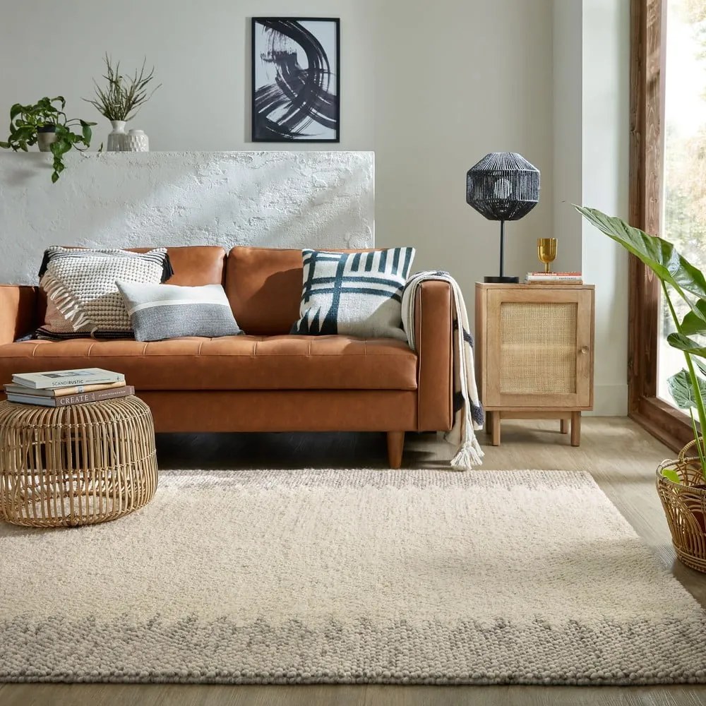 Krémszínű kézi szövésű gyapjúkeverék szőnyeg 80x150 cm Minerals Border – Flair Rugs