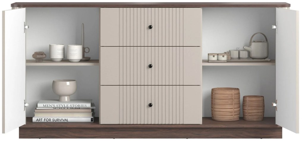 Vesper komód 160 cm fiókokkal - kasmír / dió / fekete fogantyúk