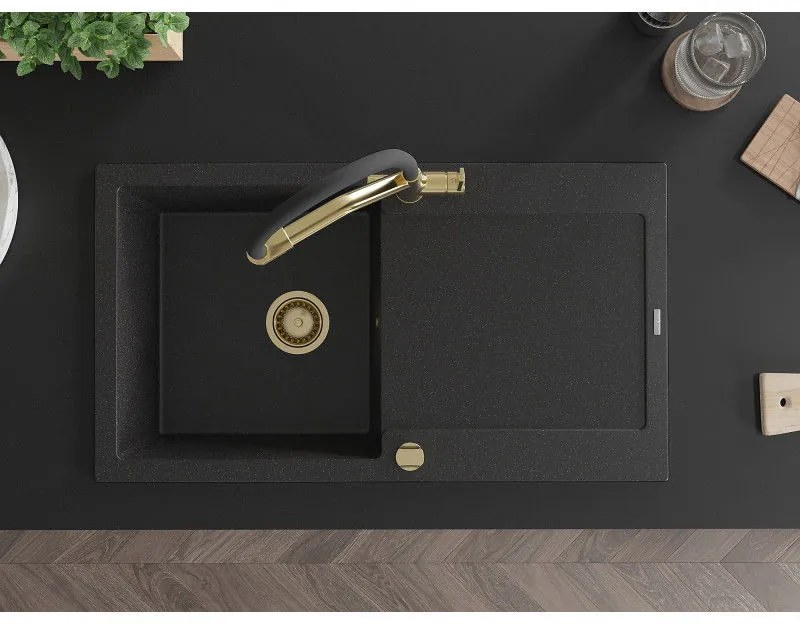 Mexen Leo, 1 kamrás gránit mosogató 900x500x190 mm és Duo mosogató csaptelep, fekete-ezüst metál, 6501-73-671701-57-G